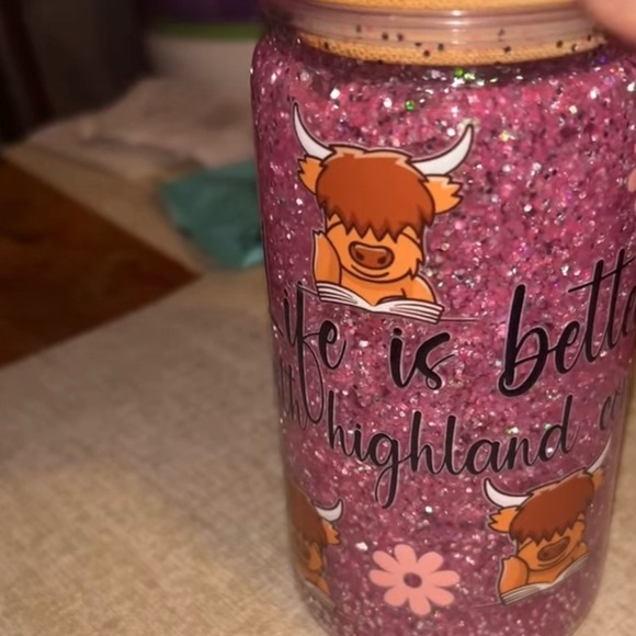 Other - Highland Cow Pink Glitter snowglobe tumbler